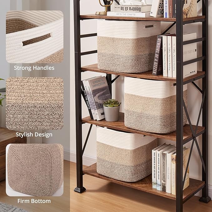 OIAHOMY 13 Kallax Inch Cube Storage Bins, 3-Pack Cotton Rope Woven Baskets for Organizing, Kallax Insert Storage Baskets for Shelves, Baby Nursery, Closet Organizer, 13 * 13 * 12.6IN, Gradient Brown