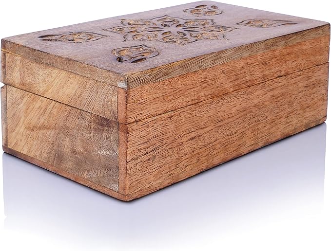 Mela Artisans Decorative Storage Box with Hinged Lid - Light Burnt, Medium | 7.5” x 4.5” x 3”, Rustic Serena Style|Crafted from Mango Wood|Ideal for Keepsakes, Trinkets, Jewelry and Tea Boxs, Book Box