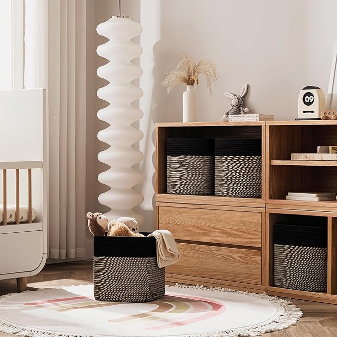 joybest 11inch Cube Storage Bins Set of 4, Cotton Rope Woven Organizer Basket for Shelves, Cube Bin Square Shelves Organizer Closet Storage, Nursery, Toy Organization, Black&Dark Brown