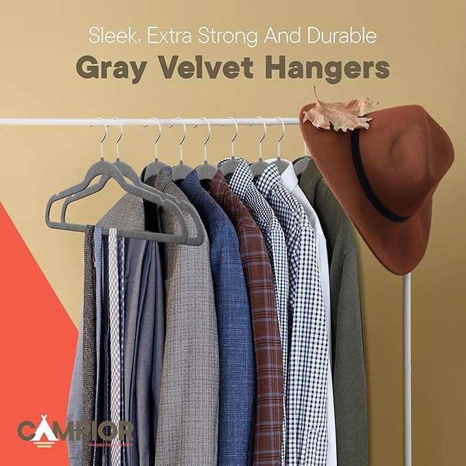 Gray Velvet Hangers 50 Pack – 360° Swivel Hook, Non-Slip and Space Saving Hangers, Heavy-Duty 11 lbs Weight Capacity - Smooth Velvet Finish for Crease-Free Clothes and Effortless Closet Organization