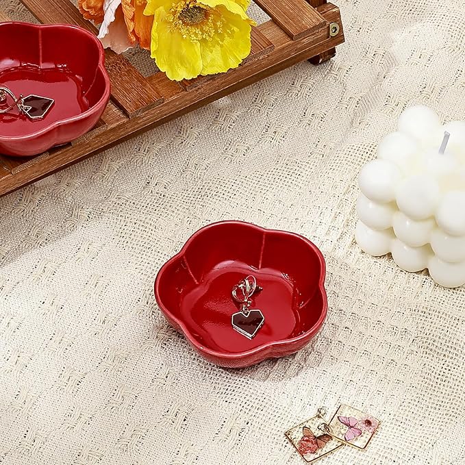 Koythin 2-Piece Small Trinket Dish, Ceramic Jewelry Ring Dish, Flower Key Holder Bowl for Women, Decorative Plate Tray for Dresser, Home Decor Organizer Trinket Tray (Five Petal Flower, Red)