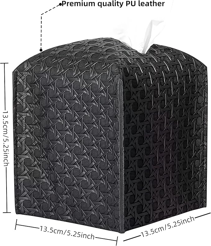 Tissue Box Cover Square Facial Tissue Case PU Leather Kleenex Box Cover Tissue Holder Napkin Holder Facial Paper Organizer Dispenser for Bathroom, Vanity Countertop, Tabletop, Car, Office(Black)