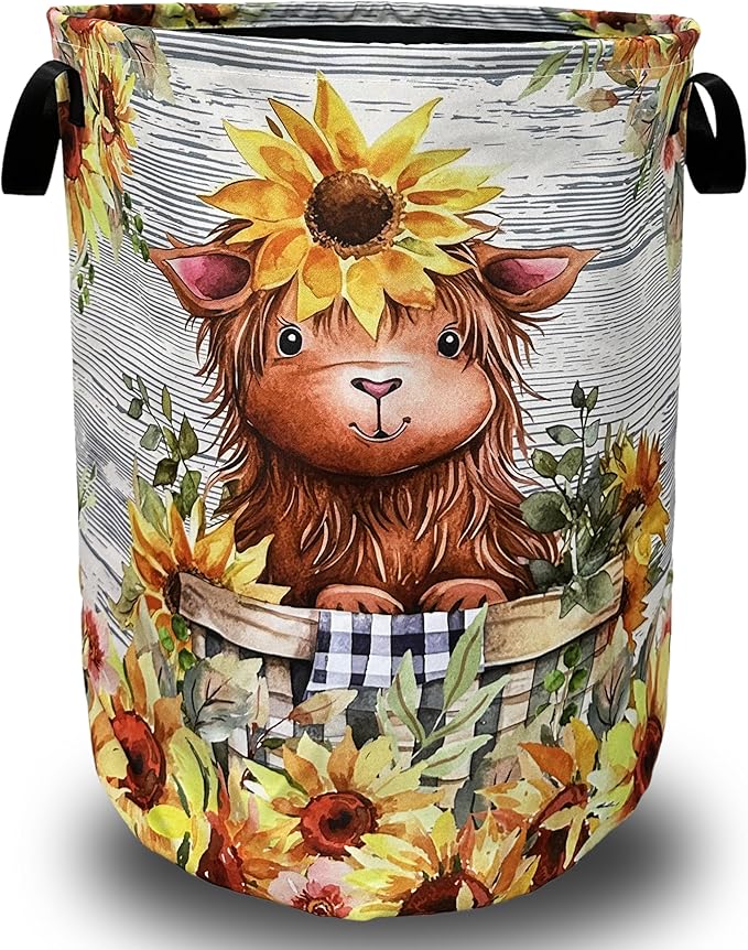Cute Sunflowers Small Cow Laundry Basket Foldable With Handles Tote Bag Oxford Cloth Funny Laundry Hamper Clothes Storage Bucket Toy Organizer 18.9" x 16.5" For Bathroom/Laundry/Bedroom