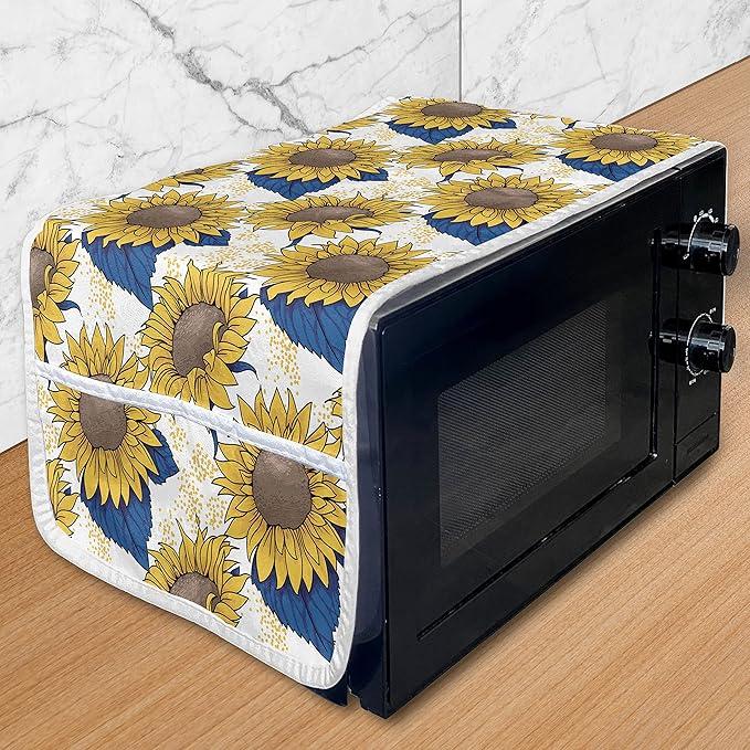 Ambesonne Sunflower Microwave Oven Cover, Graphic Harvest Themed Illustration Cartoon Design, Water Resistant Organizer with Pockets for Kitchen, 36" x 12", Yellow Blue
