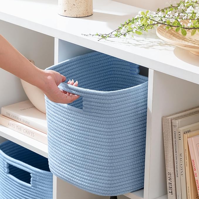 UBBCARE Storage Cubes 11 Inch, Cotton Rope Woven Baskets for Organizing, Cube Storage Bin for Baby Nursery, 2-Pack Square Toy Storage Baskets for Shleves Organizer, Closet, Kidsroom, Blue