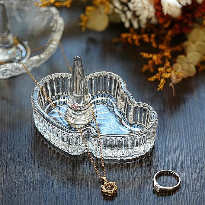 kanpura Double Heart Shape Decorative Ring Tray Crystal Glass Trinket Tray Jewelry Dish Organizing Necklace Earrings Birthday Mother's Day Gifts for Mom Best Friend Sister, Clear
