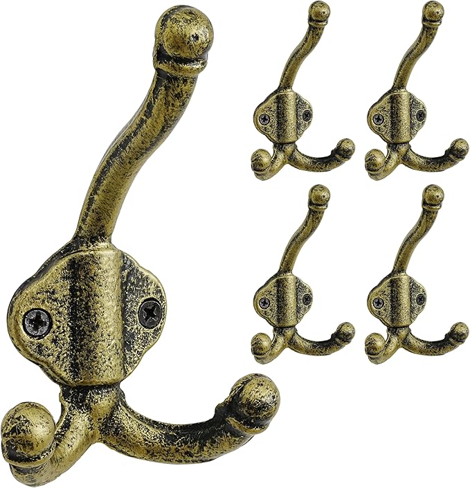 Dseap Cast Iron Wall Hooks L=5”, Heavy Duty Coat Hooks, Rustic Vintage Farmhouse Hook for Hanging Winter Coats Jackets Towels Hats Bags Plants, Antique Black& Gold, Pack of 5 (GripBold)