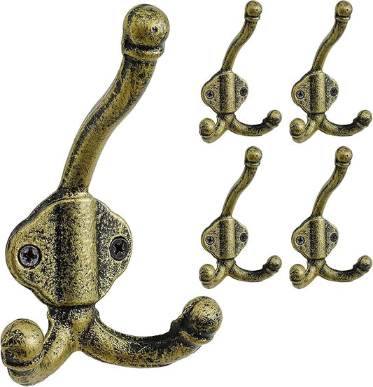 Dseap Cast Iron Wall Hooks L=5”, Heavy Duty Coat Hooks, Rustic Vintage Farmhouse Hook for Hanging Winter Coats Jackets Towels Hats Bags Plants, Antique Black& Gold, Pack of 5 (GripBold)