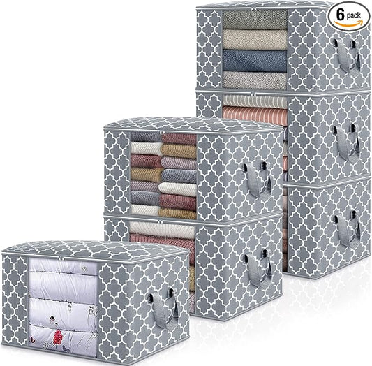 WISELIFE Storage Bags, Large Blanket Clothes Organization and Storage Containers for Bedding, Comforters, Foldable Organizer with Reinforced Handle, Clear Window,Sturdy Zippers,(Light Grey, 6 x 100L)
