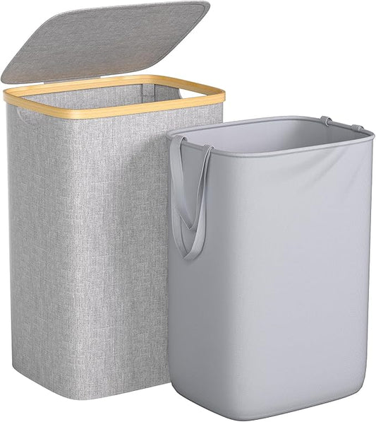 Large Laundry Hamper, 75L Waterproof Laundry Basket with Lid and Removable Bag, Collapsible Tall Clothes Hamper with Bamboo Handles for Clothes Toys in Dorm Bedroom Bathroom, Grey