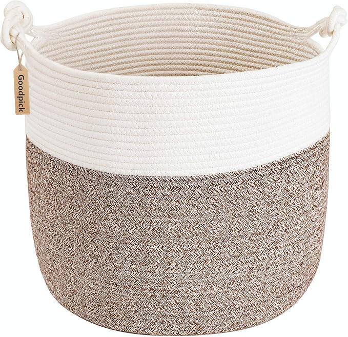Goodpick Woven Laundry Basket, 15 x 14.2 Inches Cotton Rope Basket for Blankets, Soft Blanket Storage Baskets with Handles for Living Room, Woven Toy Storage Organizer for Nursery, Brown