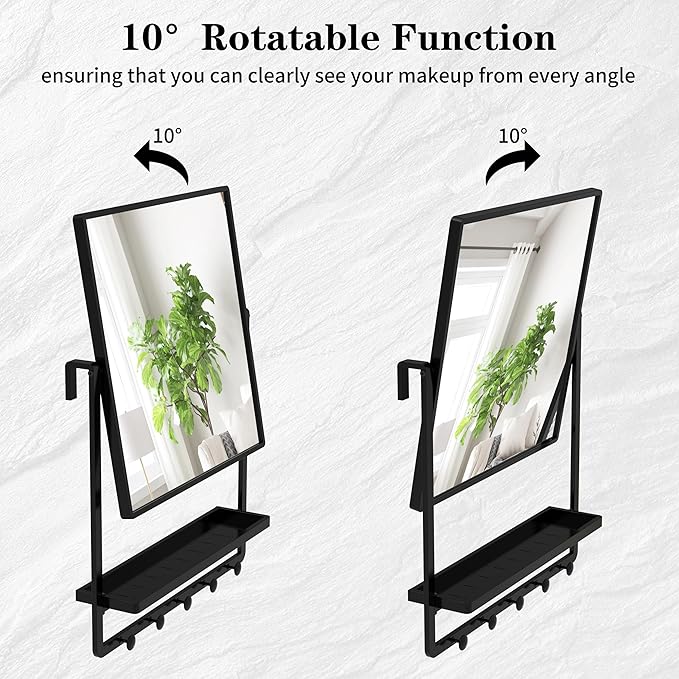 WONSTART Modern Black Square Wall Mirror with Shelf and Hooks, 21.7 x 29.3 Inch Large Bathroom Mirror with 10° Adjustable Tilt for Entryway, Living Room, Hallway, Bedroom