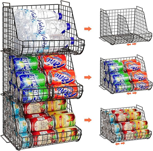 Stacking Can Dispensers 3 Tier with 3 Divider, Large Pantry Can Organizer, Beverage Drink Pop Soda Can Storage Basket, Can Holders for Pantry, Canned Food Rack Wire Bins for Kitchen Cabinet (3-Pack)