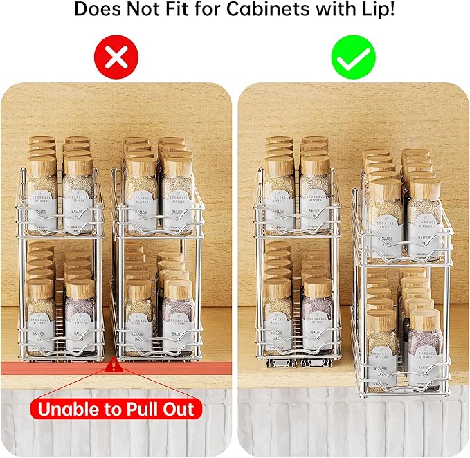 Pull Out Spice Rack Organizer for Inside Cabinet, 2 Tier Slide Out Spice Organization for Cabinet, Chrome Vertical Sliding Seasoning Organizer, 4.9'' Wx10.4'' Dx9.5'' H