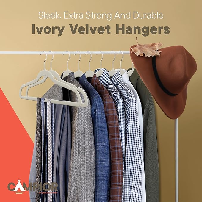 Ivory Velvet Hangers 60 Pack – 360° Swivel Hook, Non-Slip and Space Saving Hangers, Heavy-Duty 11 lbs Weight Capacity - Smooth Velvet Finish for Crease-Free Clothes and Effortless Closet Organization