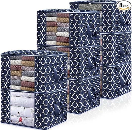 WISELIFE Storage Bags, Large Blanket Clothes Organization and Storage Containers for Bedding, Comforters, Foldable Organizer with Reinforced Handle, Clear Window,Sturdy Zippers,(Blue, 8 x 100L)