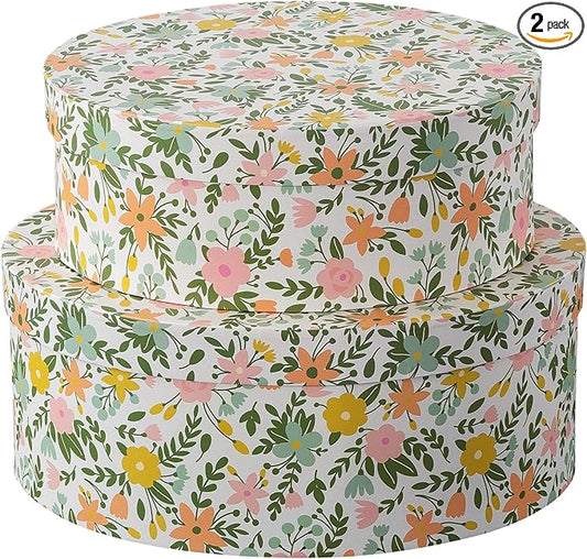 Soul & Lane Spring Fling Oval Decorative Keepsake Boxes with Lids - Set of 2: Floral Pattern Cardboard Containers, Stackable Retro Mache Paperboard Boxes, Nesting Gift Cartons, Shelves Storage
