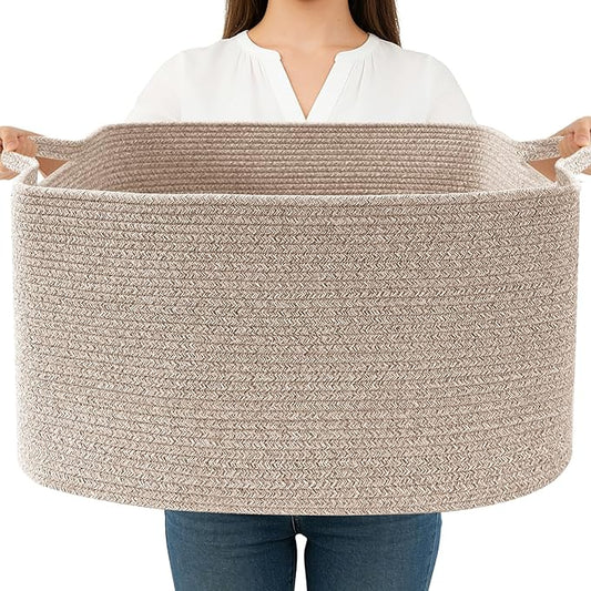 Magazine & Newspaper Baskets,Large Woven Rope Blanket Basket,24"x16"x15"Storage Bin with Handle,Toys Storage,Laundry Basket for Home Organization/Living Room/Nursery/Bedroom,Brown