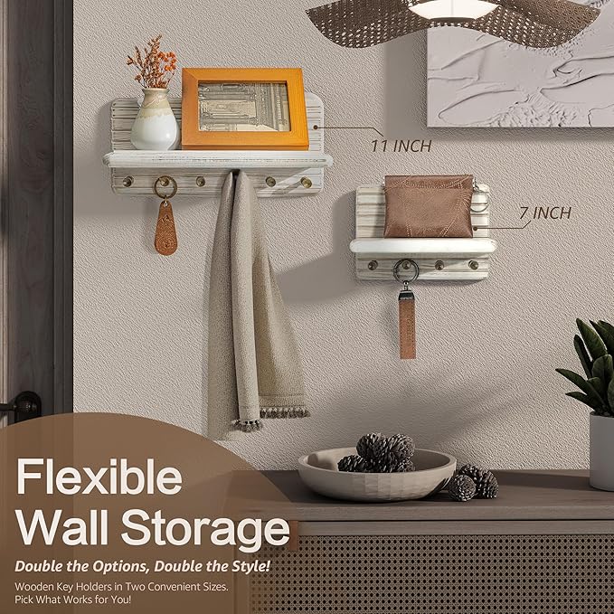 Rebee Vision Pine Wood Key Holder Wall Mount – Mini 7-inch Key Holder for Wall with Wooden Shelf – Perfect Home Decor for Entryway, Living Room & Bedroom (Distressed White)