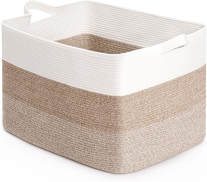 CLHMILY&Z Stylish Square Cotton Rope Storage Basket (Brown & White, 110L)