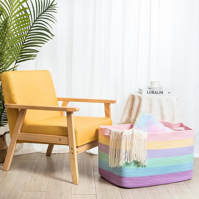 MINTWOOD Design 22in Extra Large Blanket Basket Holder Living Room, Rectangle Rope Woven Storage Basket with Handles for Laundry, Pool Towels, and Shoes, Dog Toy Organizer Bin Box, Pastel Rainbow