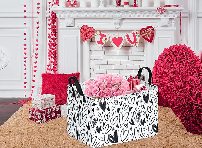 Valentine's Day Gift Basket Rec Black Heart Print Box Hamper Storage Basket Collapsible Organizer Bin Gift Shelf Baskets for Home and Kitchen