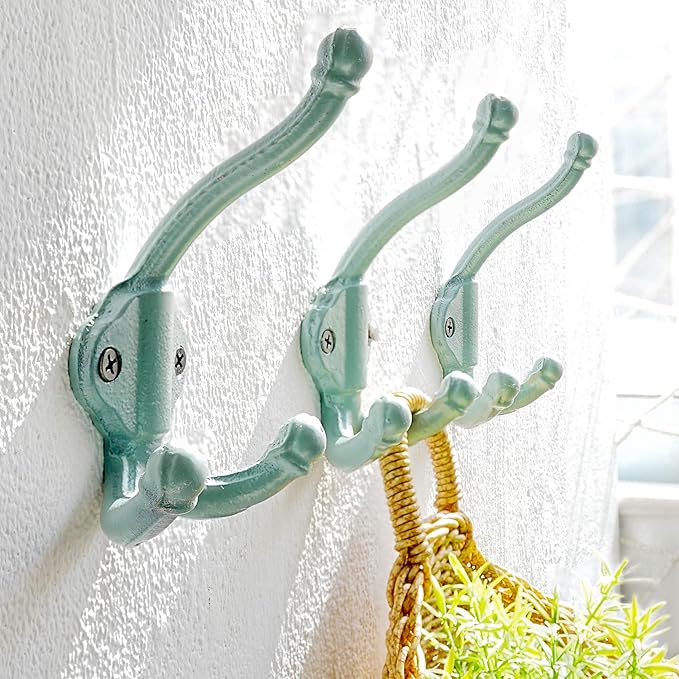Dseap Cast Iron Wall Hooks L=5”, Heavy Duty Coat Hooks, Rustic Vintage Farmhouse Hook for Hanging Winter Coats Jackets Towels Hats Bags Plants, Mint Green, Pack of 5 (GripBold)