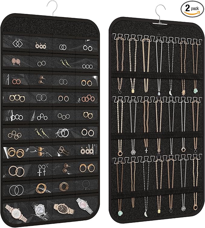 2-Pack Hanging Jewelry Organizer Storage, 40 Pockets 36 Hooks Necklace Earring Necklace Bracelet Ring Organizer, Double - Sided Design, Black