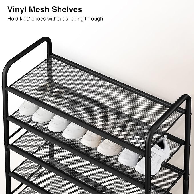 STO STO 5-Tier Shoe Rack with Sturdy Mesh Shelves, Heavy Duty Metal Shoe Organizer for Entryway, Closet, Garage, Front Door, Holds 15 Pairs, Free Standing Shoe Storage Shelf, Adjustable Feet, Black
