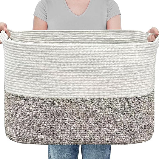 XXXXL Rope Basket for Blankets, 25" x 16" x 16"(108L) Rectangle Blanket Basket Living Room, Extra Large Wicker Woven Blanket Pillow Storage Basket, Kids Dog Toy Basket Storage Bins Organizer