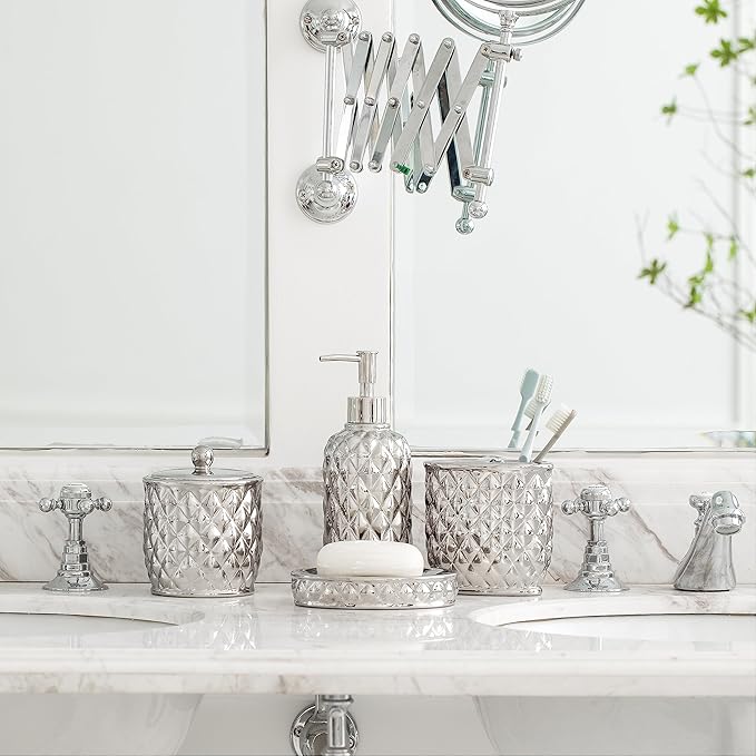 Bathroom Accessories Set, 4-Piece Ceramic Bath Accessory Complete Set with Lotion Dispenser/Soap Pump, Cotton Jar, Soap Dish and Toothbrush Holder (Pineapple Pattern, Silver Grey)