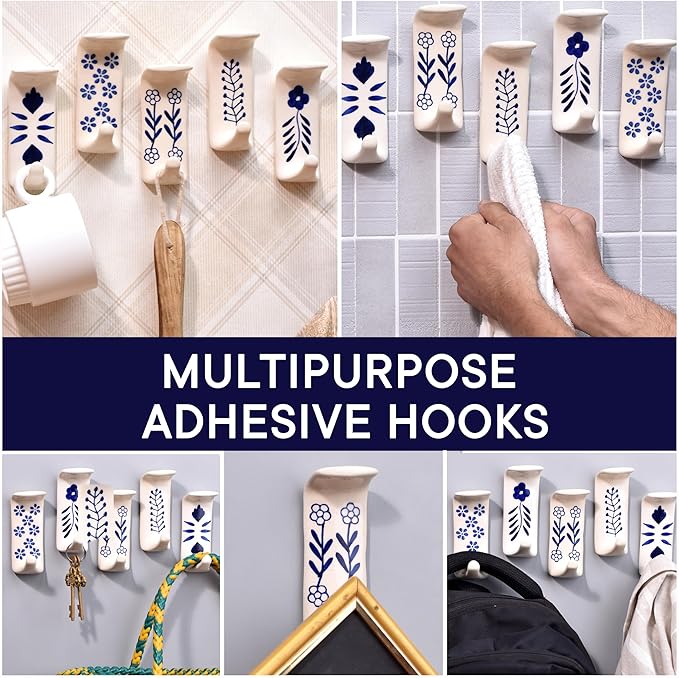 Indian Shelf Boho Ceramic Adhesive Wall Hooks - Damage-Free Decorative Blue Pottery Hangers for Keys & Towels, Renter-Friendly Stick-On Home Décor - 3 Hooks with 6 Strips(Style 7)