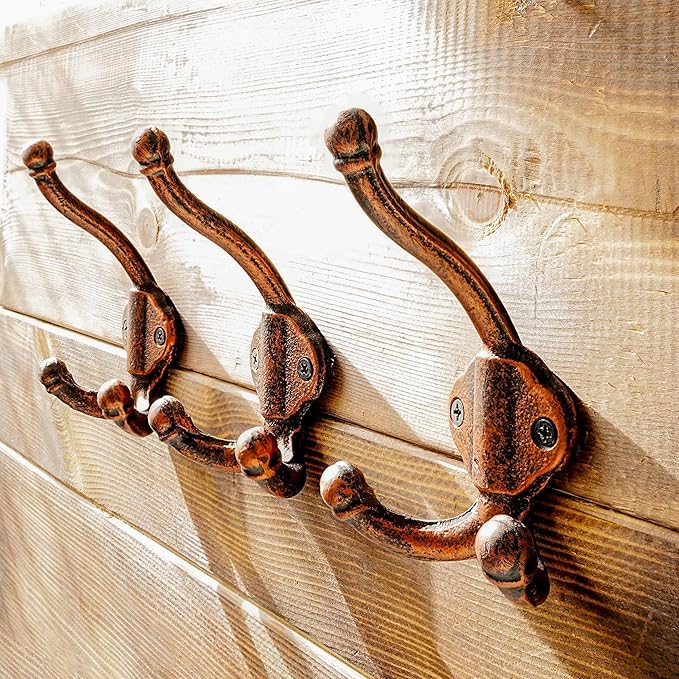 Dseap Cast Iron Wall Hooks L=5”, Heavy Duty Coat Hooks, Rustic Vintage Farmhouse Hook for Hanging Winter Coats Jackets Towels Hats Bags Plants, Antique Copper, Pack of 10 (GripBold)