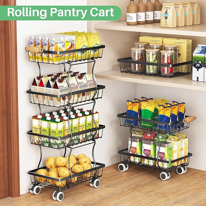 SAYZH Fruit Basket Kitchen Pantry Organizers and Storage - 4 Tier Stackable Metal Wire Basket Stand for Fruit Vegetable Snacks Jars Bins Containers Organization, Black