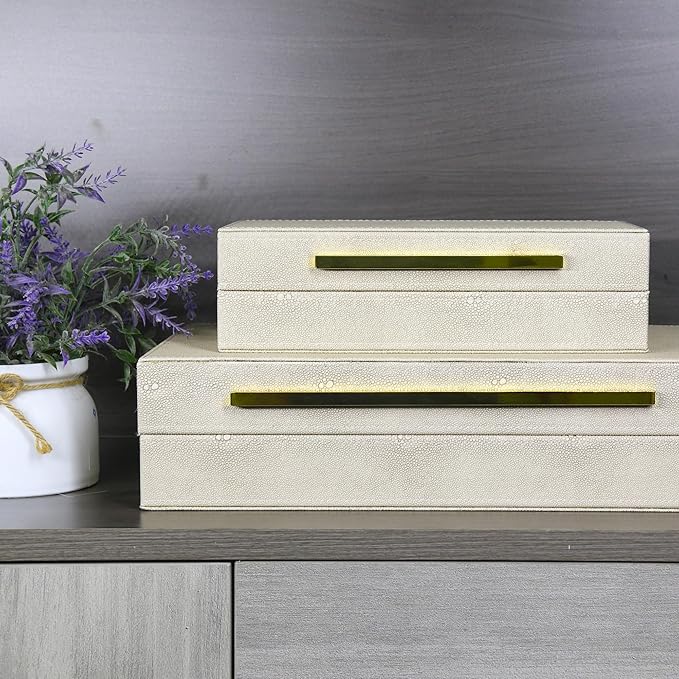 Modern Decorative Box Faux Shagreen Leather, Decorative Storage Boxes with Lids for Home Decor, Large Multifunctional Storage Jewelry Box Organizer(Ivory)