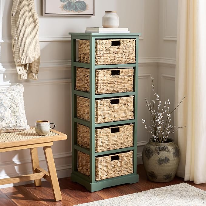SAFAVIEH Home Collection â Vedette Dusty Green 5-Basket Storage Tower, Natural Rattan Accent Design, Fully Assembled (AMH5739J)