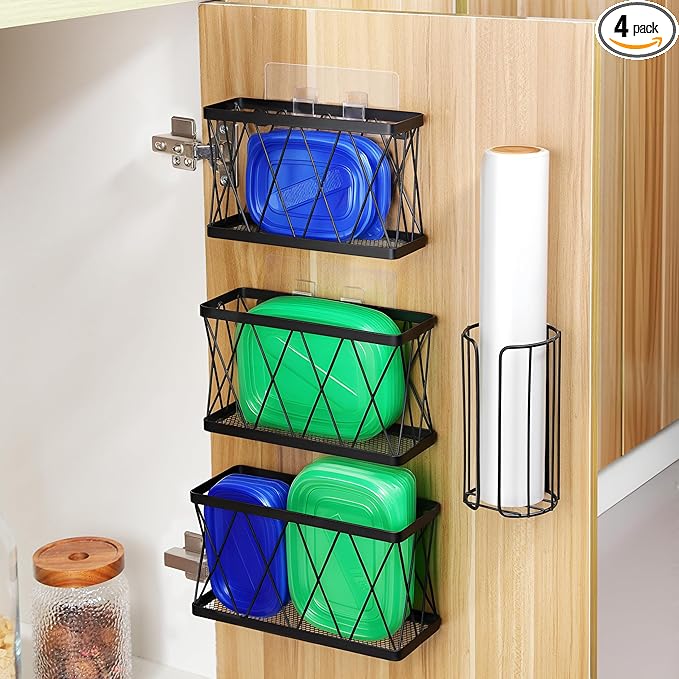 YIGII 3 Pack Adhesive Cabinet Door Organizer, Black Cabinet Door Storage with Plastic Wrap Organizer, Slim Kitchen Basket Wall Mounted for Pantry, Under Sink