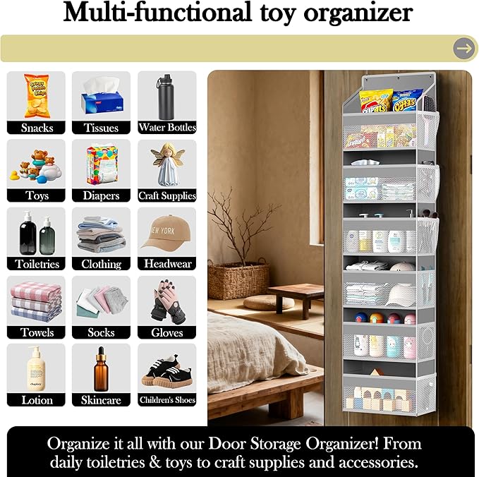 PAULONE 1 Pack Heavy Duty Over the Door Organizer, 6 Large + 12 Mesh Pockets with 89 lbs Capacity, Space-Saving Hanging Storage for Shoes, Toys, Bedroom & Closet (6-Layer Light Gray)