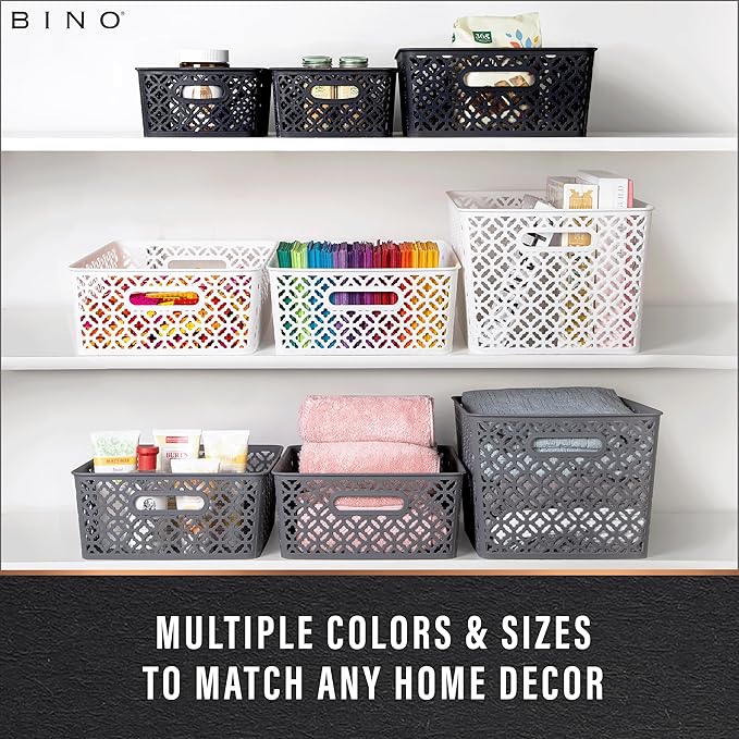 BINO l Plastic Storage Baskets, XLarge - White l THE BLOSSOM COLLECTION l Multi-Use Organizer Bin l Built-in Handles l Plastic Woven Basket for Organizing l Pantry & Home Organizing Basket