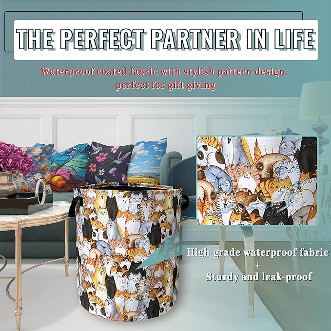 Colorful Cats Cute Animal Laundry Basket Foldable With Handles Tote Bag Oxford Cloth Funny Laundry Hamper Clothes Storage Bucket Toy Organizer 18.9" x 16.5" For Bathroom/Laundry/Bedroom