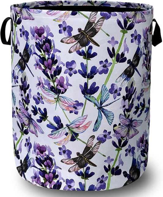 Dragonfly Laundry Basket Foldable With Handles Purple Floral Tote Bag Oxford Cloth Colorful Laundry Hamper Clothes Storage Bucket Toy Organizer For Bathroom/Laundry/Bedroom 18.9" x 16.5 "