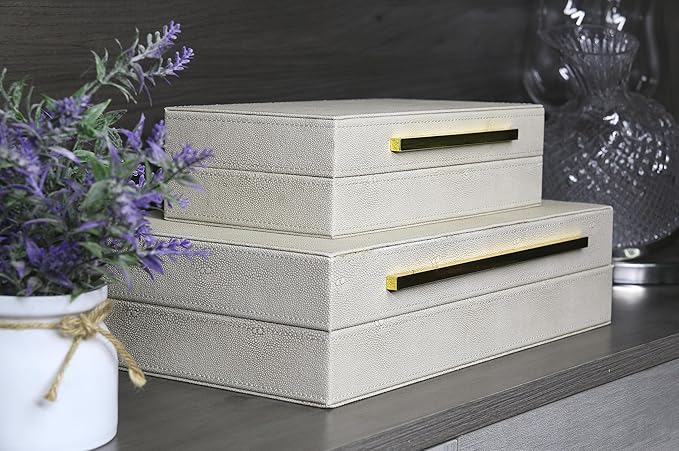 Modern Decorative Box Faux Shagreen Leather, Decorative Storage Boxes with Lids for Home Decor, Large Multifunctional Storage Jewelry Box Organizer(Ivory)