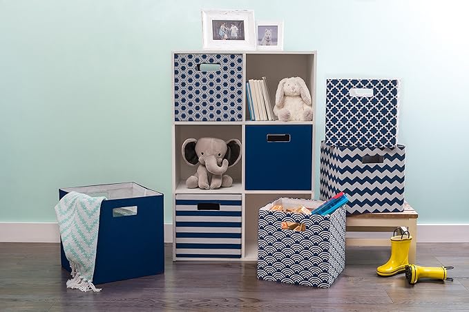DII Hard Sided Collapsible Fabric Storage Container for Nursery, Offices, & Home Organization, (13x13x13) - Lattice Nautical Blue (Pack of 6)