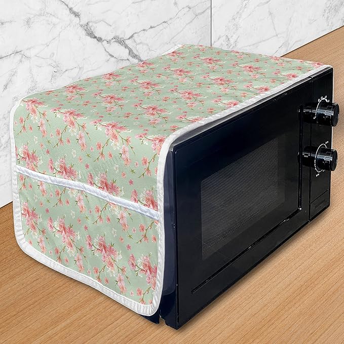 Ambesonne Shabby Flora Microwave Oven Cover, Retro Spring Blossom Flowers French Garden Florets Garland Artisan Image, Water Resistant Organizer with Pockets for Kitchen, 36" x 12", Mint Pink