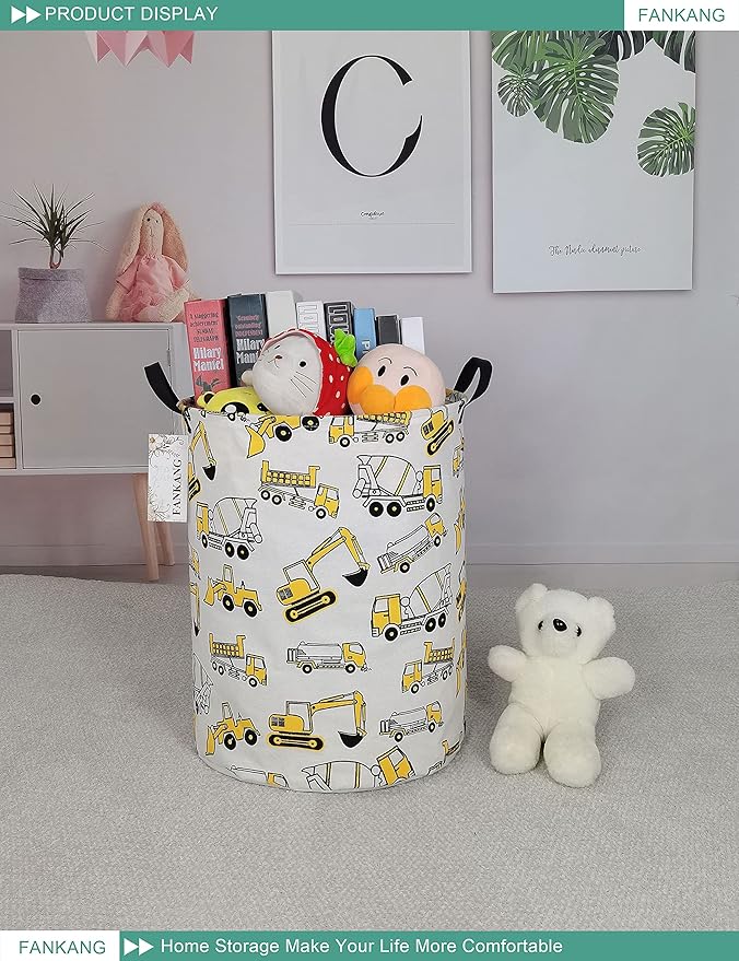 FANKANG Storage Basket, Nursery Hamper Canvas Laundry Basket Foldable with Waterproof PE Coating Large Storage Baskets for Kids Boys and Girls, Office, Bedroom, Clothes,Toysï¼excavatorï¼