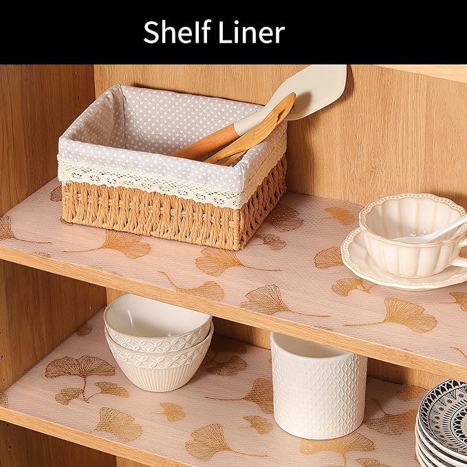 Cooyes Shelf Liner, Non Adhesive Drawer and Cabinet Liner, EVA Washable Oil-Proof Shelf Paper for Kitchen Cabinets, Refrigerator, Storage, Desks with Modern Pattern （Gold Ginkgo，11.8" W x 360" L）
