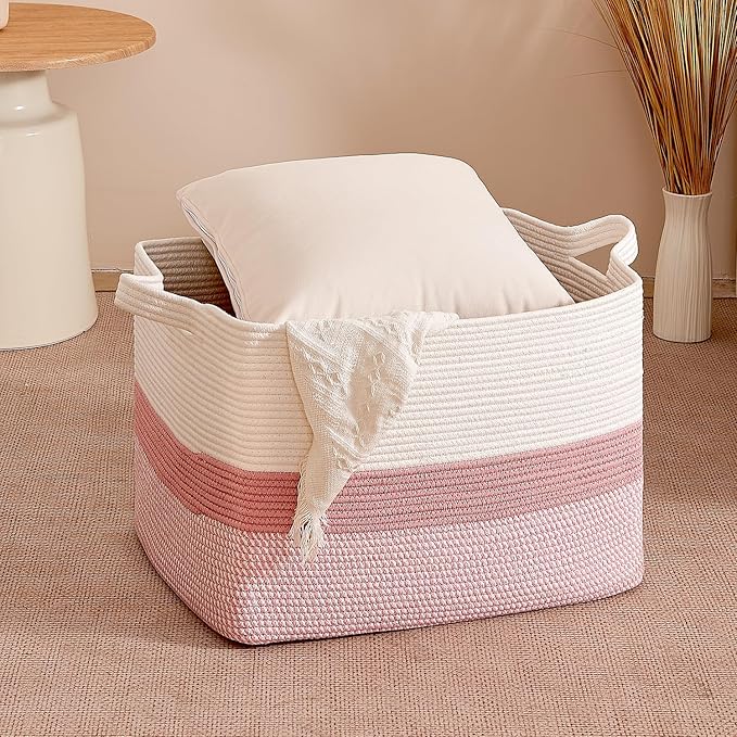 CLHMILY&Z Stylish Square Cotton Rope Storage Basket (Pink & White, 85L)