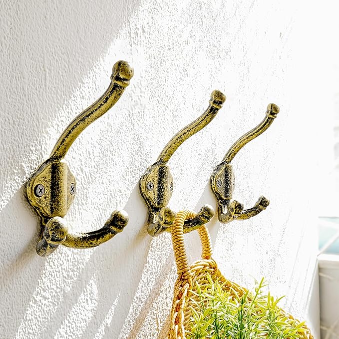 Dseap Cast Iron Wall Hooks L=5”, Heavy Duty Coat Hooks, Rustic Vintage Farmhouse Hook for Hanging Winter Coats Jackets Towels Hats Bags Plants, Antique Black& Gold, Pack of 10 (GripBold)