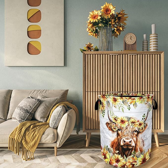Sunflower Highland Cow Laundry Basket Foldable With Handles Tote Bag Oxford Cloth Funny Animal Laundry Hamper Clothes Storage Bucket Toy Organizer 18.9"x16.5" For Bathroom/Laundry/Bedroom