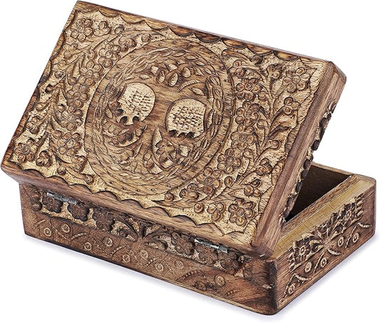 Ajuny Wooden Hand Carved Decorative Box with Tree Of Life Carvings Natural - Multipurpose Use As Jewelry Storage, Trinket Holder or Watch Box, Great For Gifts